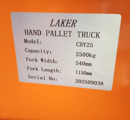 Euro Pallet Carregamento estável de 2,5 toneladas Caminhão de paletes manuais com 550 mm de largura e 1150 mm de comprimento de garfo com rodas de nylon duplo