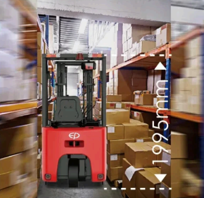 Empilhadeira elétrica compacta de contrapeso de 3 rodas, 1,5 ton, teto baixo, uso de elevador de carga embutido, carregador de íon-lítio, oportunidade de carregamento, empilhadeira